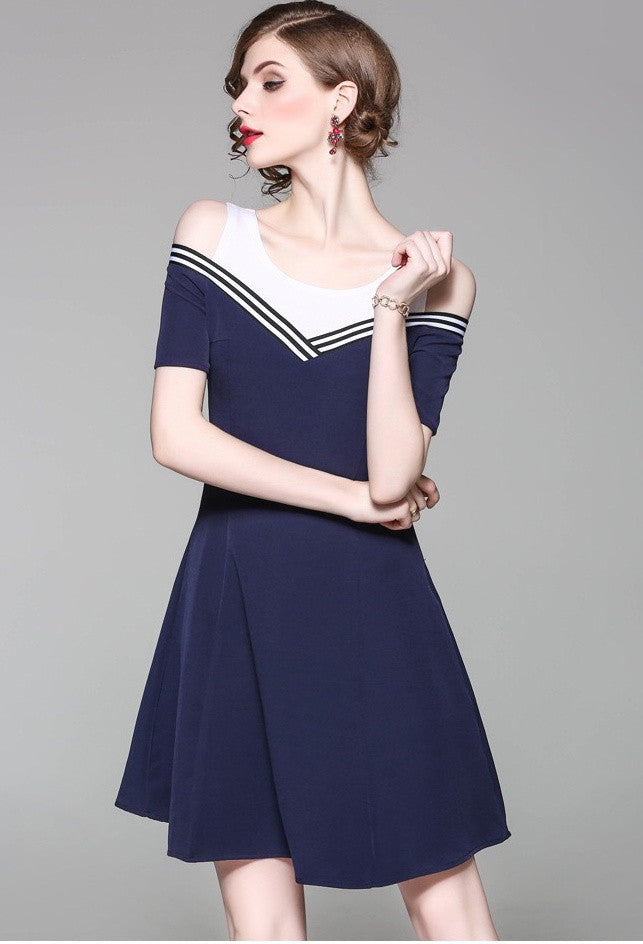 Navy and White Cold Shoulder Dress