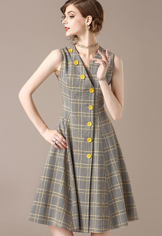 Sleeveless Plaid Dress W/ Buttons