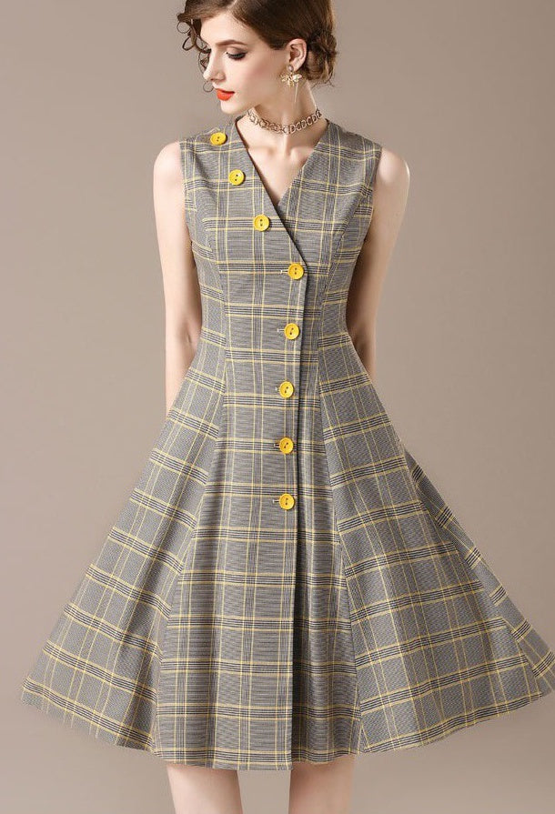 Sleeveless Plaid Dress W/ Buttons