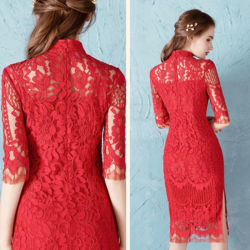 Red Lace Qipao Dress