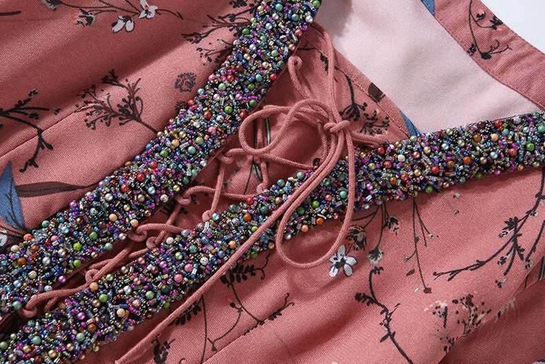 Cold Shoulder Floral Dress W/ Beads