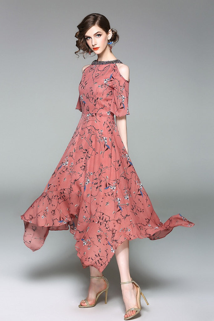 Cold Shoulder Floral Dress W/ Beads