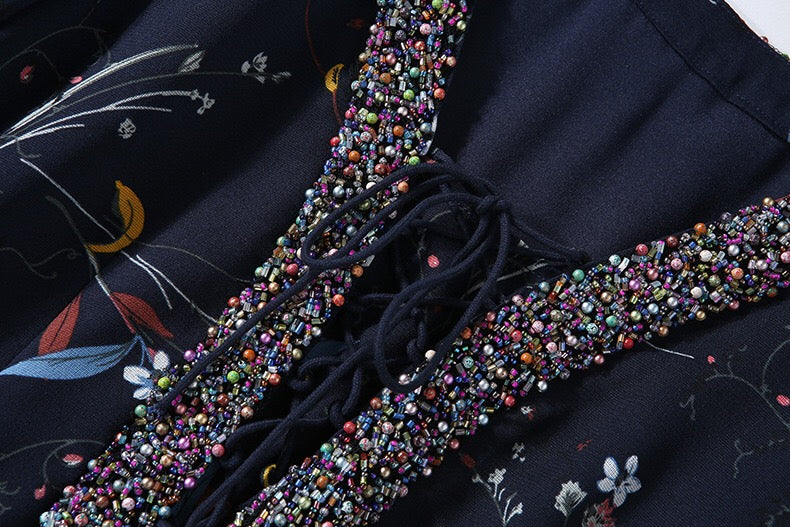 Cold Shoulder Floral Dress W/ Beads