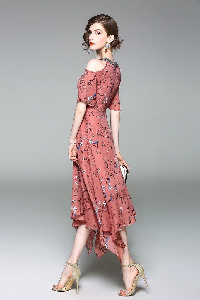 Cold Shoulder Floral Dress W/ Beads