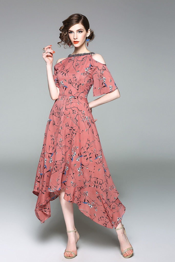 Cold Shoulder Floral Dress W/ Beads