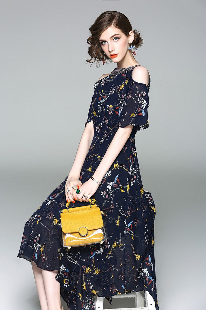 Cold Shoulder Floral Dress W/ Beads