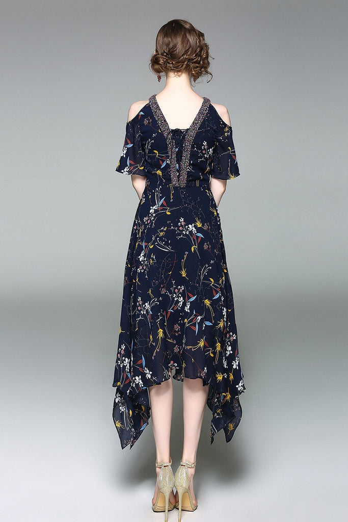 Cold Shoulder Floral Dress W/ Beads