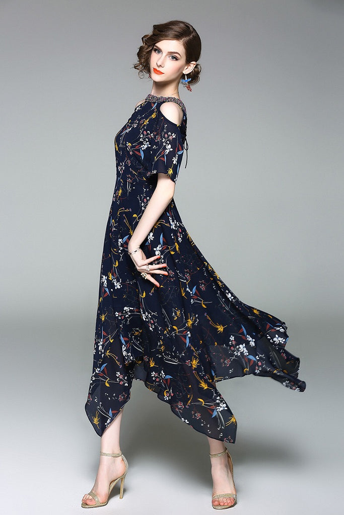 Cold Shoulder Floral Dress W/ Beads