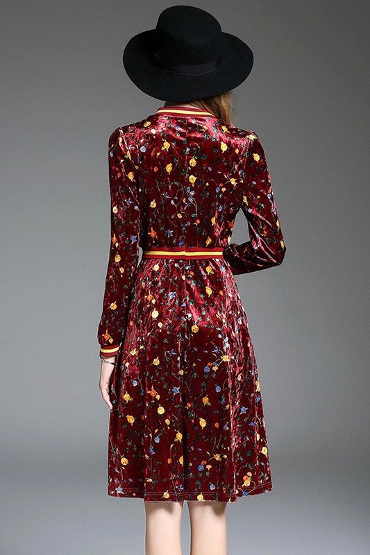 Floral Print Velvet Midi Dress with Pockets - Velvet Dress S Floral Print Velvet Midi Dress with Pockets - Velvet Dress S