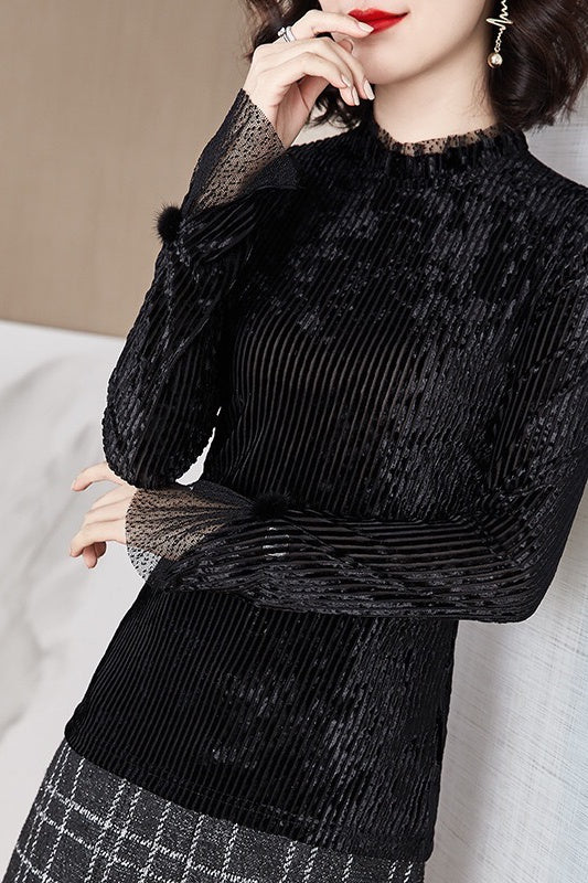 Velvet Shirt W/ Ruffle Detail