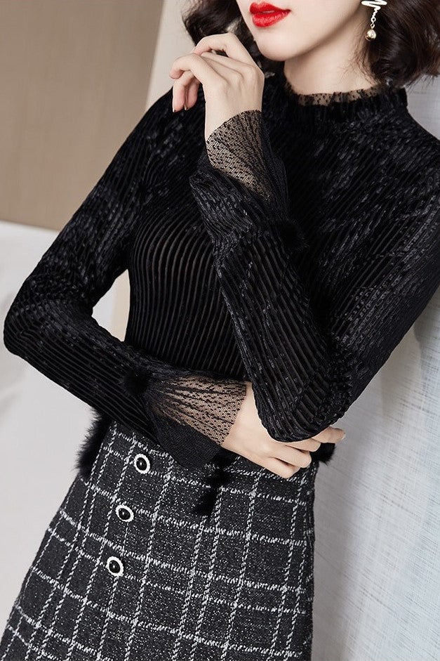 Velvet Shirt W/ Ruffle Detail