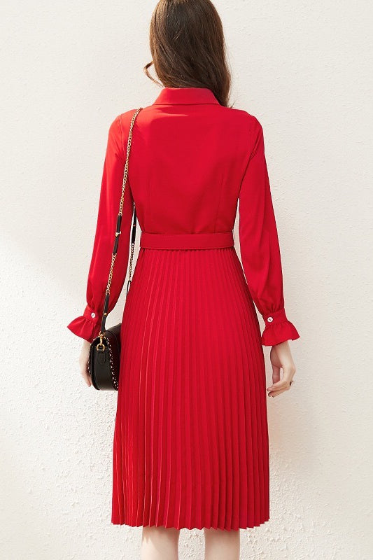 Red Pleated Dress W/ Ruffle
