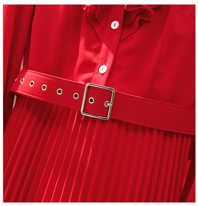 Red Pleated Dress W/ Ruffle