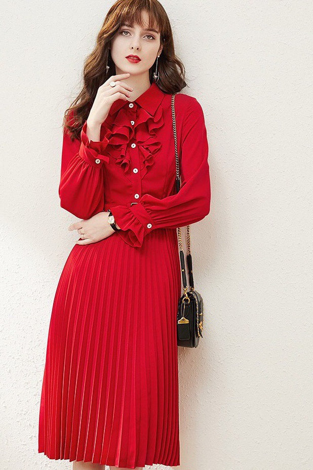 Red Pleated Dress W/ Ruffle