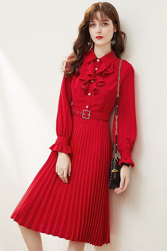 Red Pleated Dress W/ Ruffle