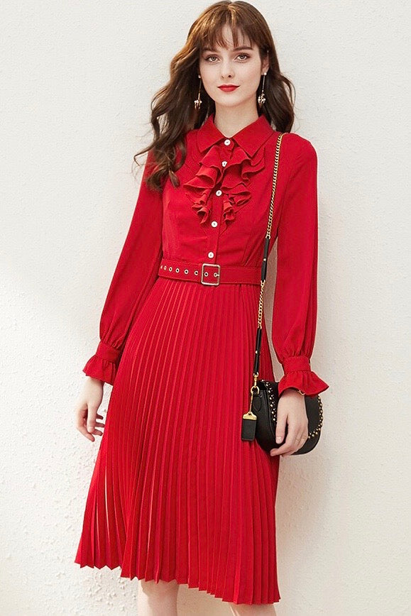 Red Pleated Dress W/ Ruffle