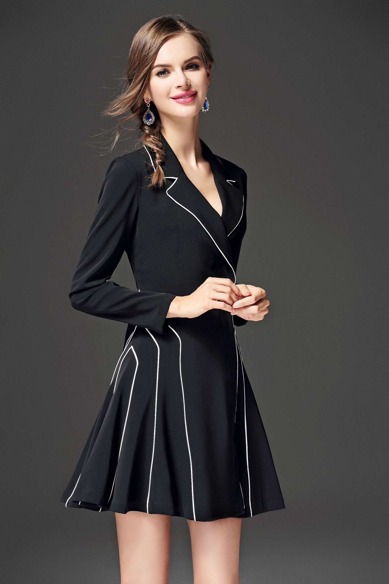 Black Long Sleeve Work Dress With White Piping