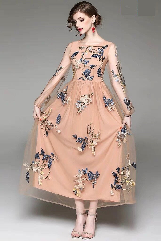 Embroidered Mesh Maxi Dress