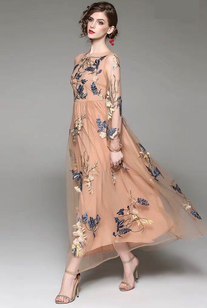 Embroidered Mesh Maxi Dress