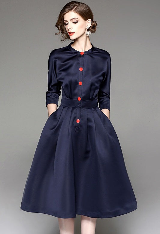 Navy Midi Dress W/ Red Buttons