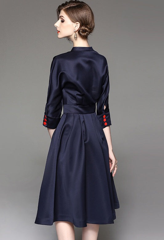Navy Midi Dress W/ Red Buttons