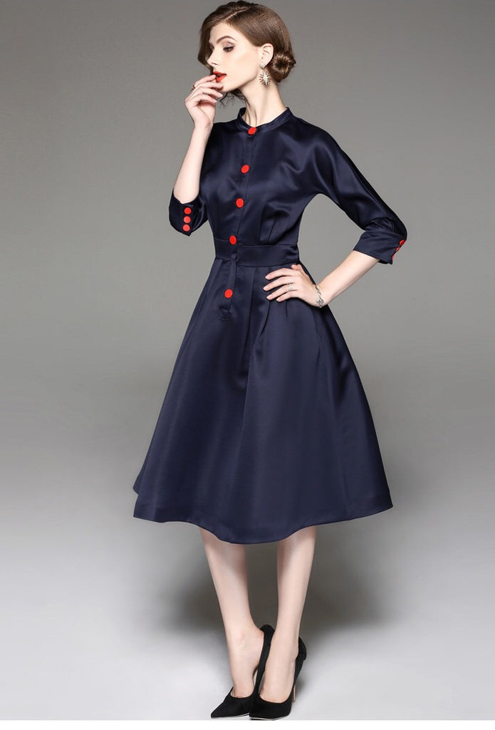 Navy Midi Dress W/ Red Buttons
