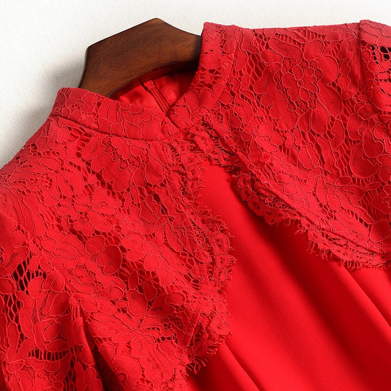 Red Fishtail Midi Dress with Lace - Wedding Dress - Party Dress - Dress ...