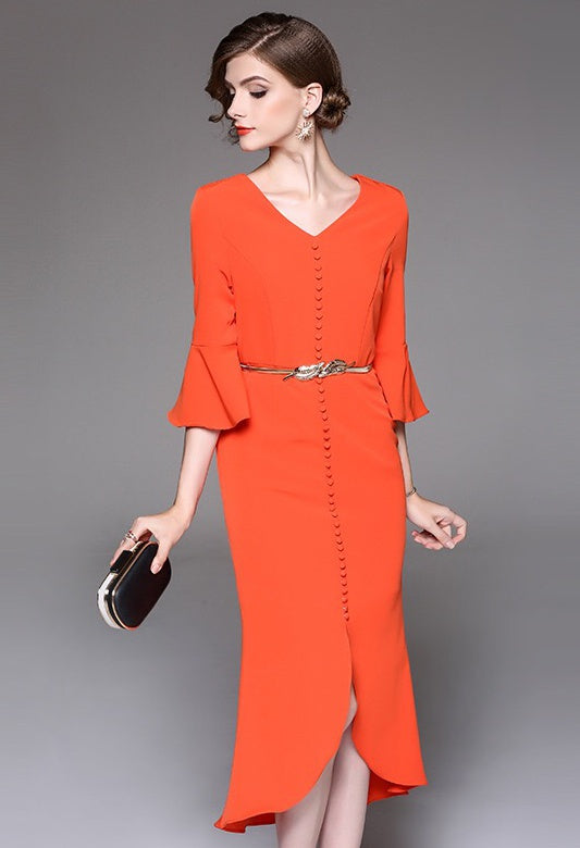 Fishtail Midi Dress W/ Gold Belt