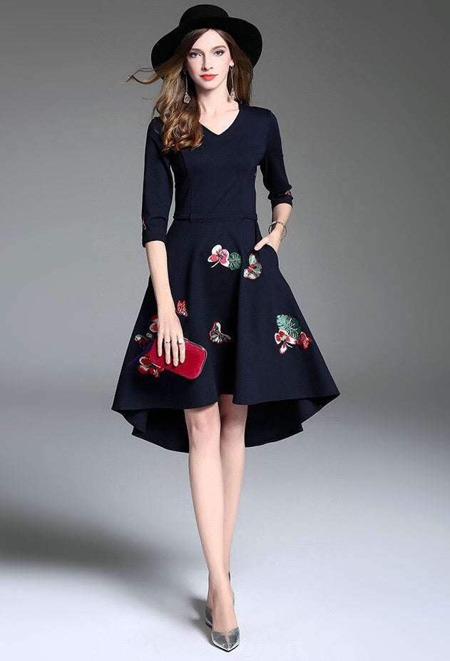 Floral Embroidered Asymmetrical Hem Dress