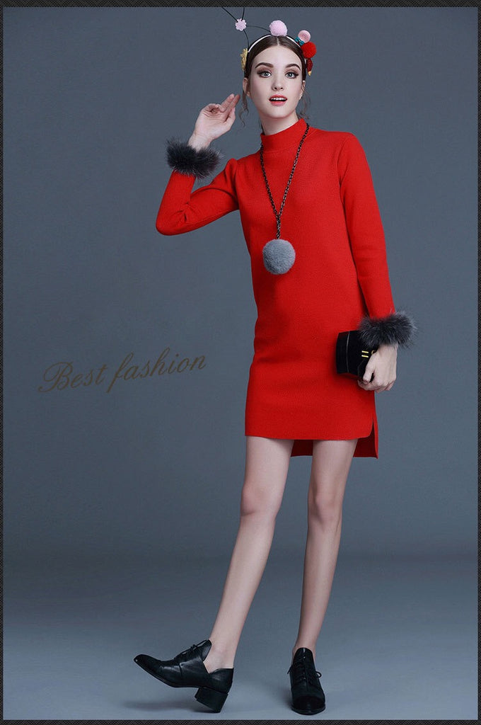 Wool Dress W/ Fur Detail