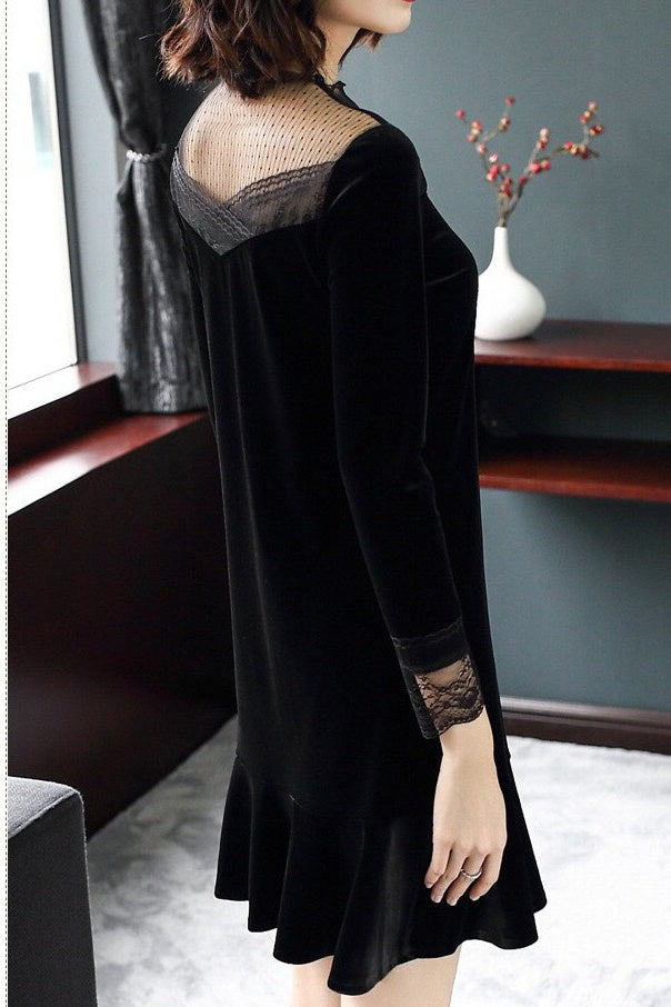 Long Sleeve Lace and Velvet Dress