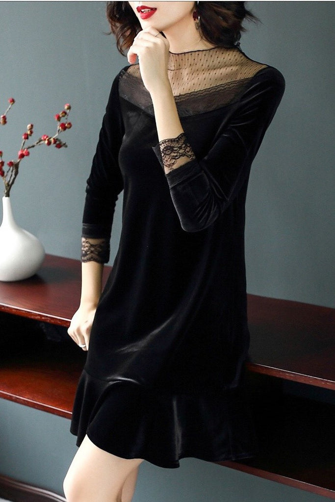 Long Sleeve Lace and Velvet Dress