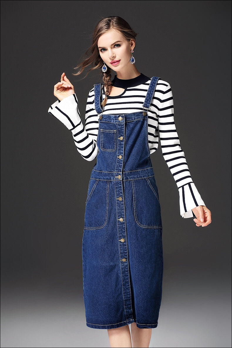 Denim overall dress midi sales