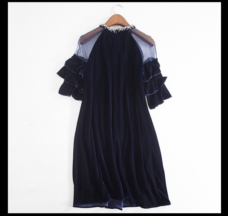 Beaded A-Line Dress W/ Ruffled Sleeves