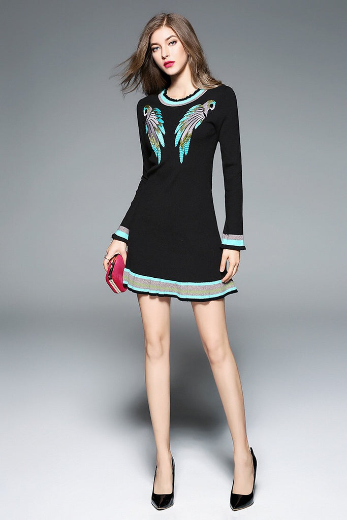 Parrot Embroidered Mini Sweater Dress