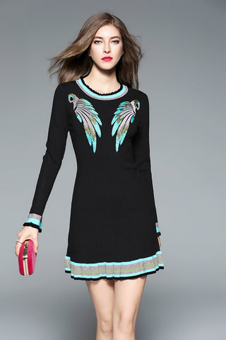 Parrot Embroidered Mini Sweater Dress