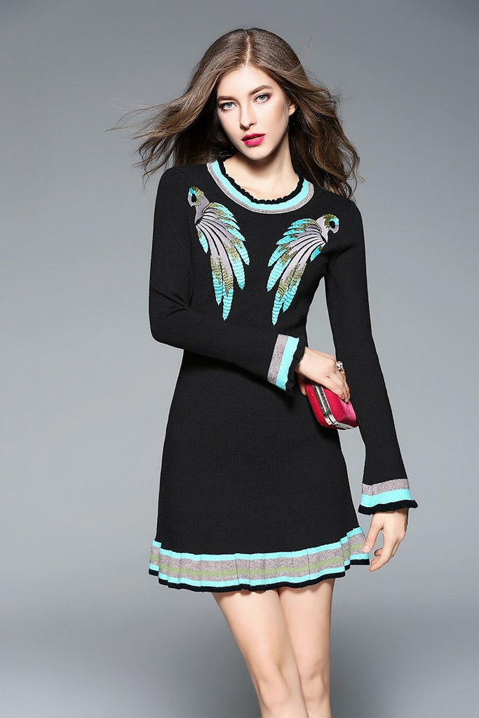 Parrot Embroidered Mini Sweater Dress