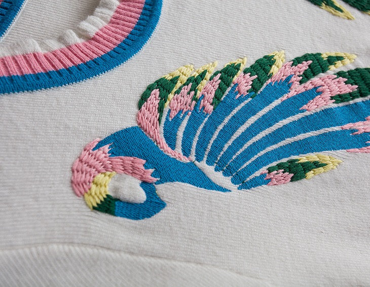 Parrot Embroidered Mini Sweater Dress