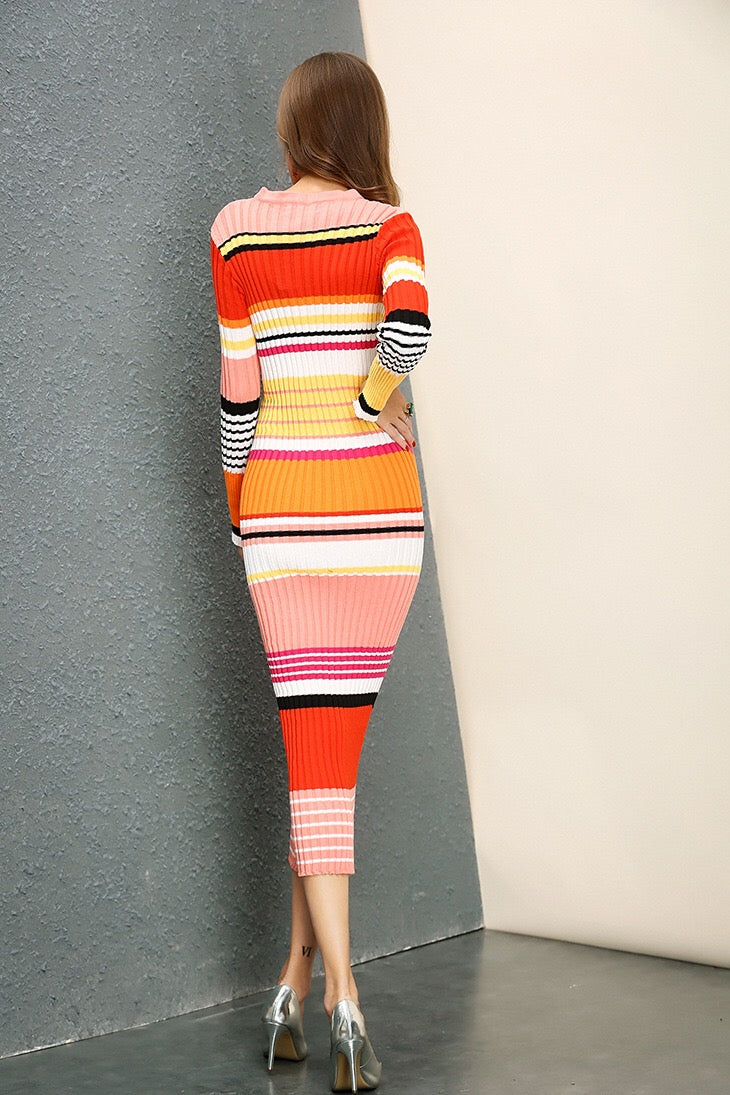 Women's Sweater Dress - Rainbow Midi Sweater Dress