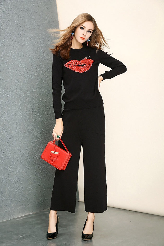 Lips Sweater W/ Beaded Flower Detail