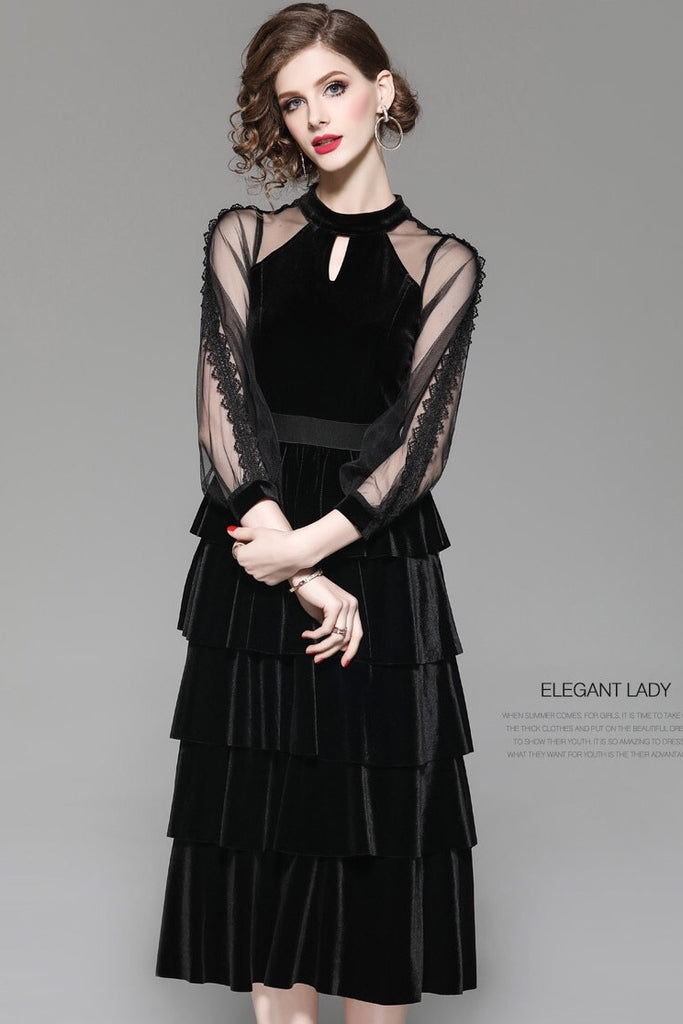 Velvet Tiered Dress W/ Mesh Sleeve
