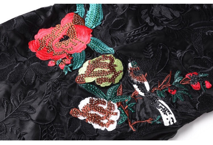 Black Lace Dress W/ Rose Embroidery