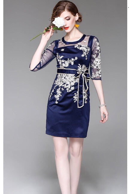 Navy Floral Embroidered Dress