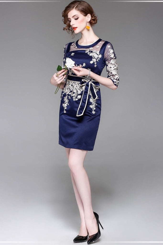 Navy Floral Embroidered Dress