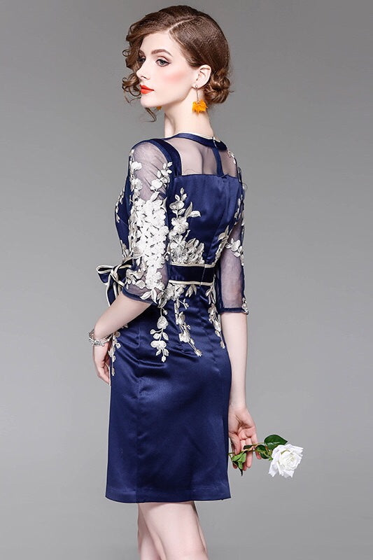 Navy Floral Embroidered Dress