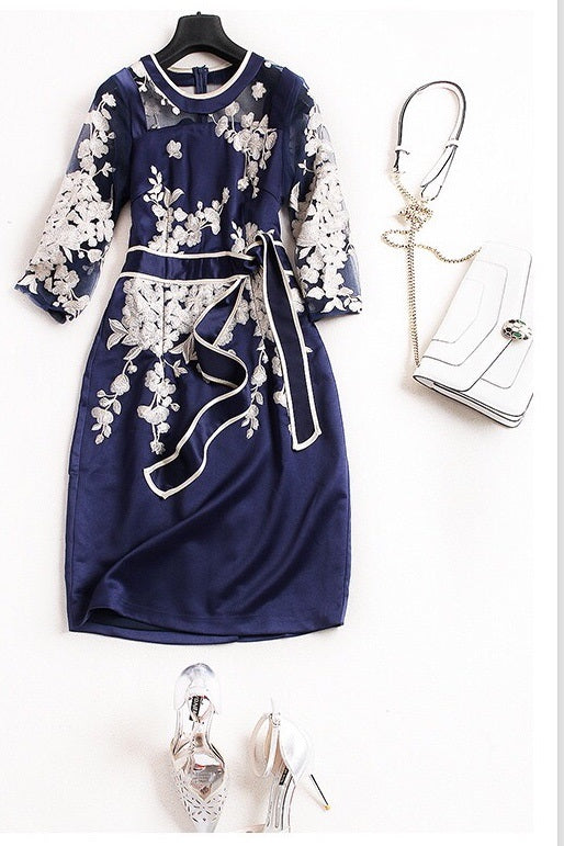 Navy Floral Embroidered Dress