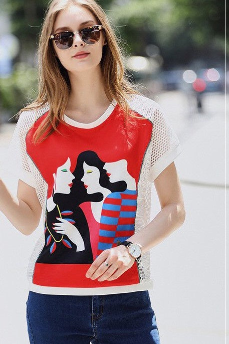 Three Girls Print Mesh T-Shirt