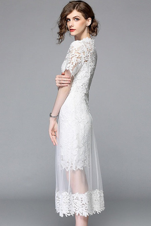 White Lace Dress W/ Mesh Overlay