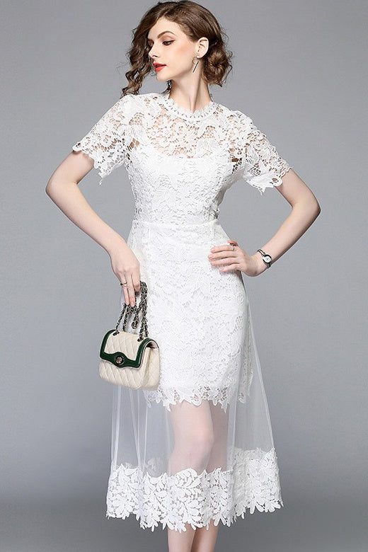 White Lace Dress With Mesh Overlay - White Midi Dress | Dress Album L White Lace Dress With Mesh Overlay - White Midi Dress | Dress Album L