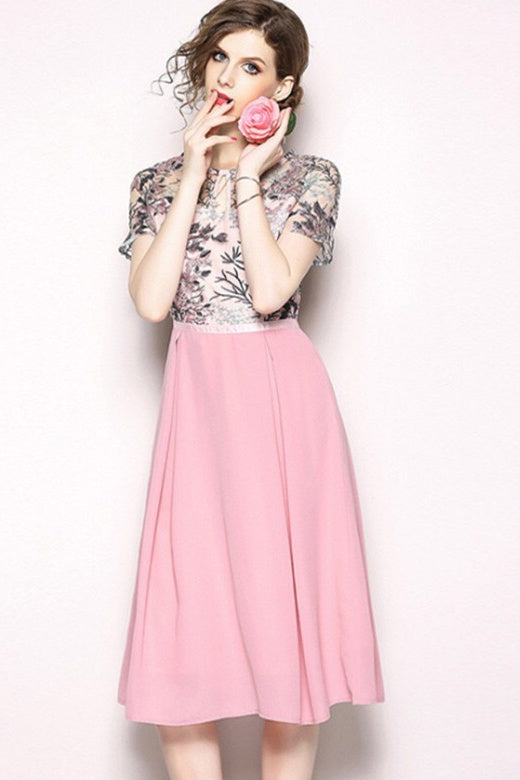 Pink Floral Embroidered Chiffon Dress